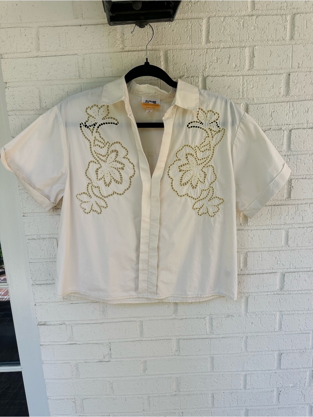 Future Collective X Jenny K Lopez Cream Cutout Embroidered Short Sleeve Blouse